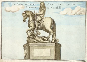 Statue von König Karl II. am Eingang von Cornhill, aus Ein Buch der Aussichten der bemerkenswerten Orte in und um die Stadt London, ca. 1700